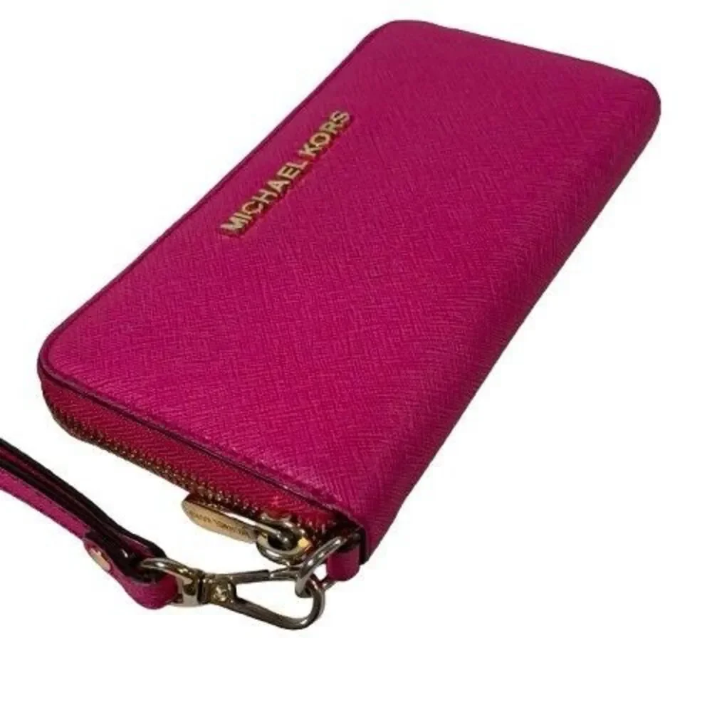 Michael Kors Jet Set Travel Continental Wristlet Wallet Pink Saffiano Leather